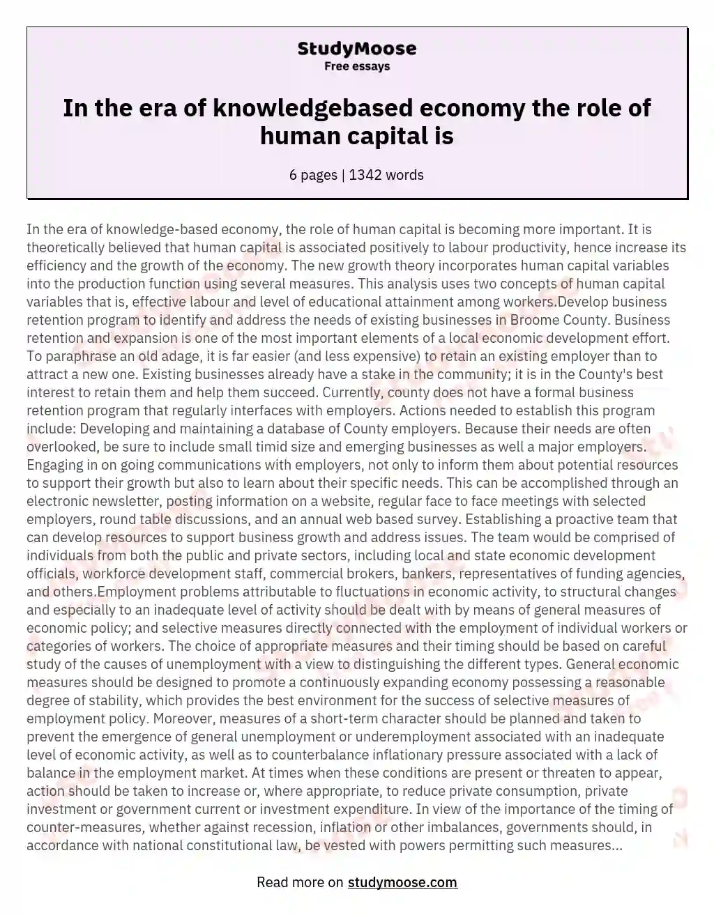 In the era of knowledgebased economy the role of human capital is essay