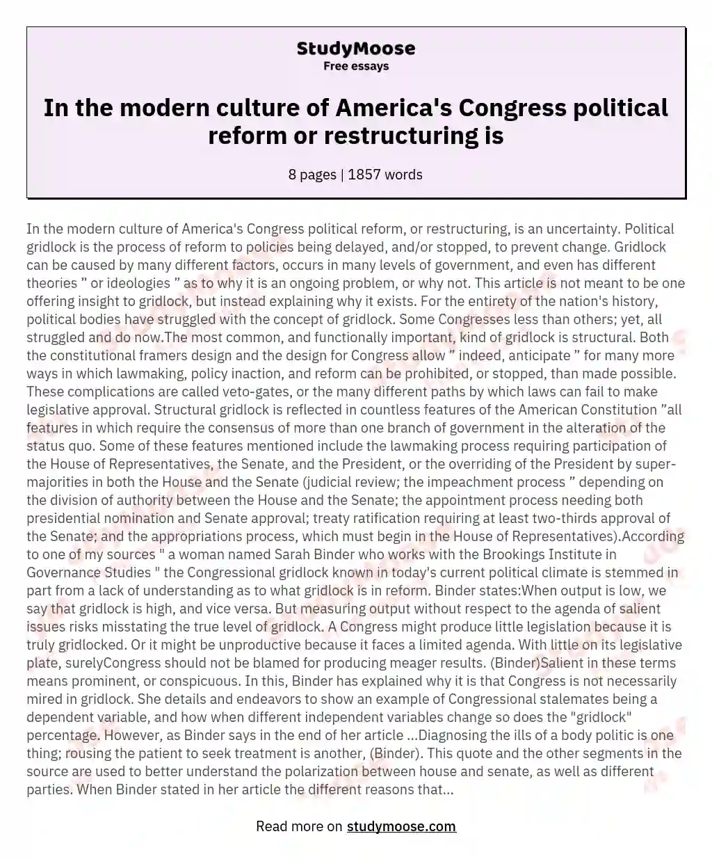 In the modern culture of America's Congress political reform or restructuring is essay