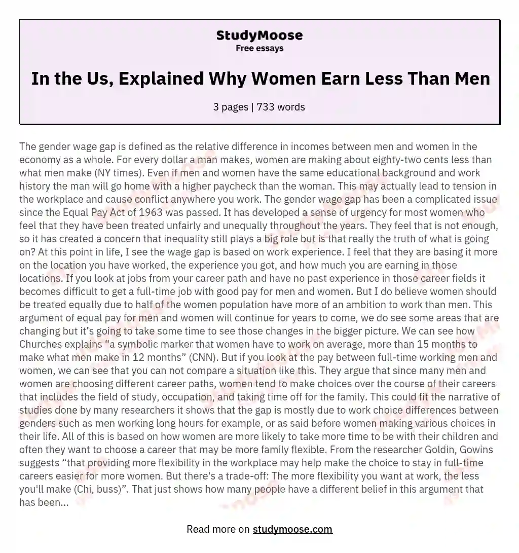 In the Us, Explained Why Women Earn Less Than Men essay