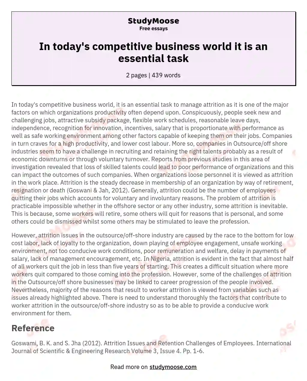 In today's competitive business world it is an essential task essay