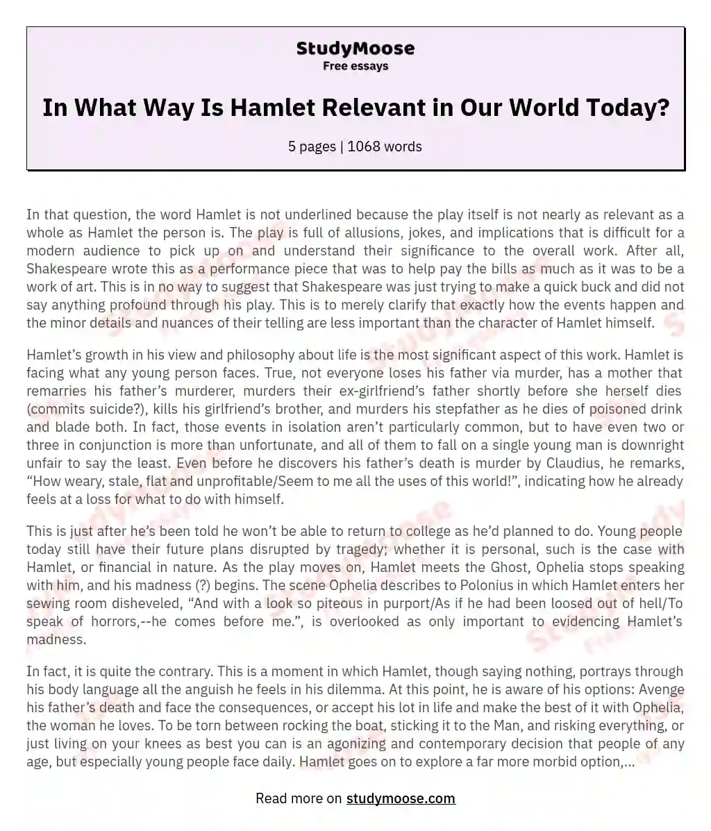 In What Way Is Hamlet Relevant in Our World Today? essay