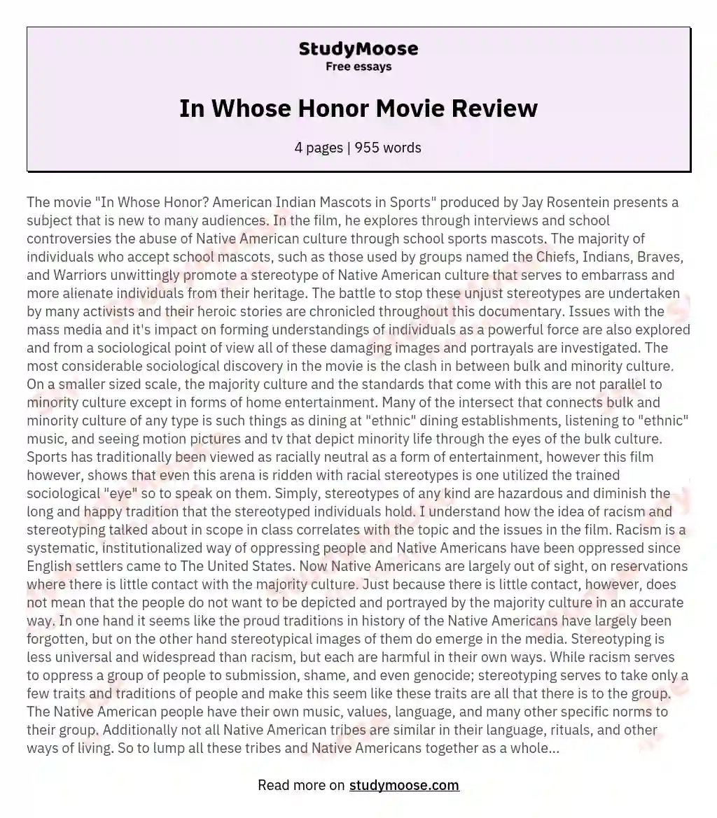 In Whose Honor Movie Review essay