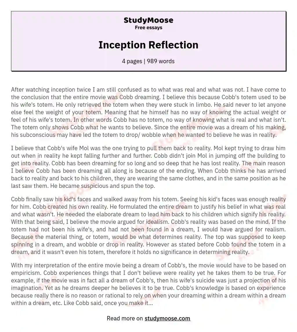 Inception Reflection essay