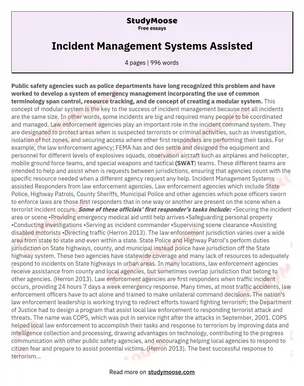 Incident Management Systems Assisted essay
