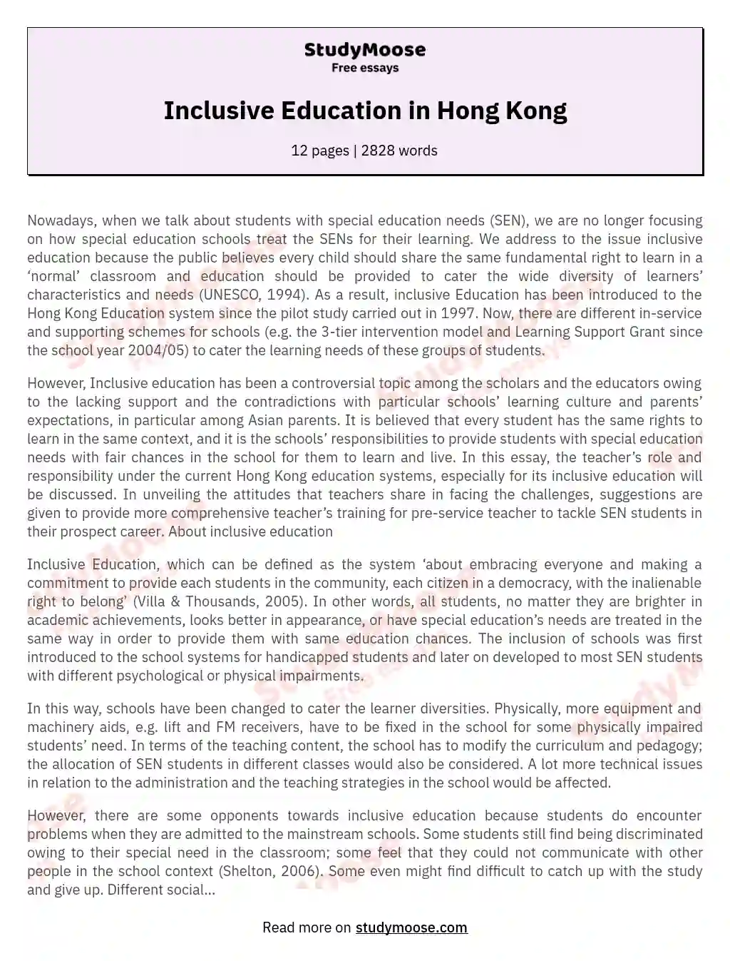 Inclusive Education in Hong Kong essay