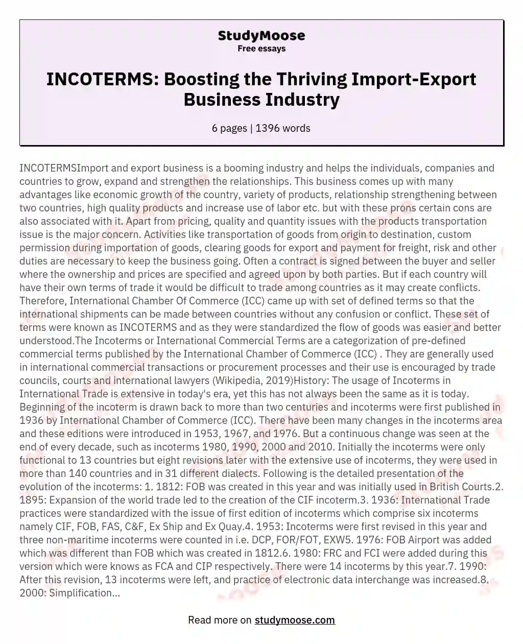 INCOTERMS: Boosting the Thriving Import-Export Business Industry essay
