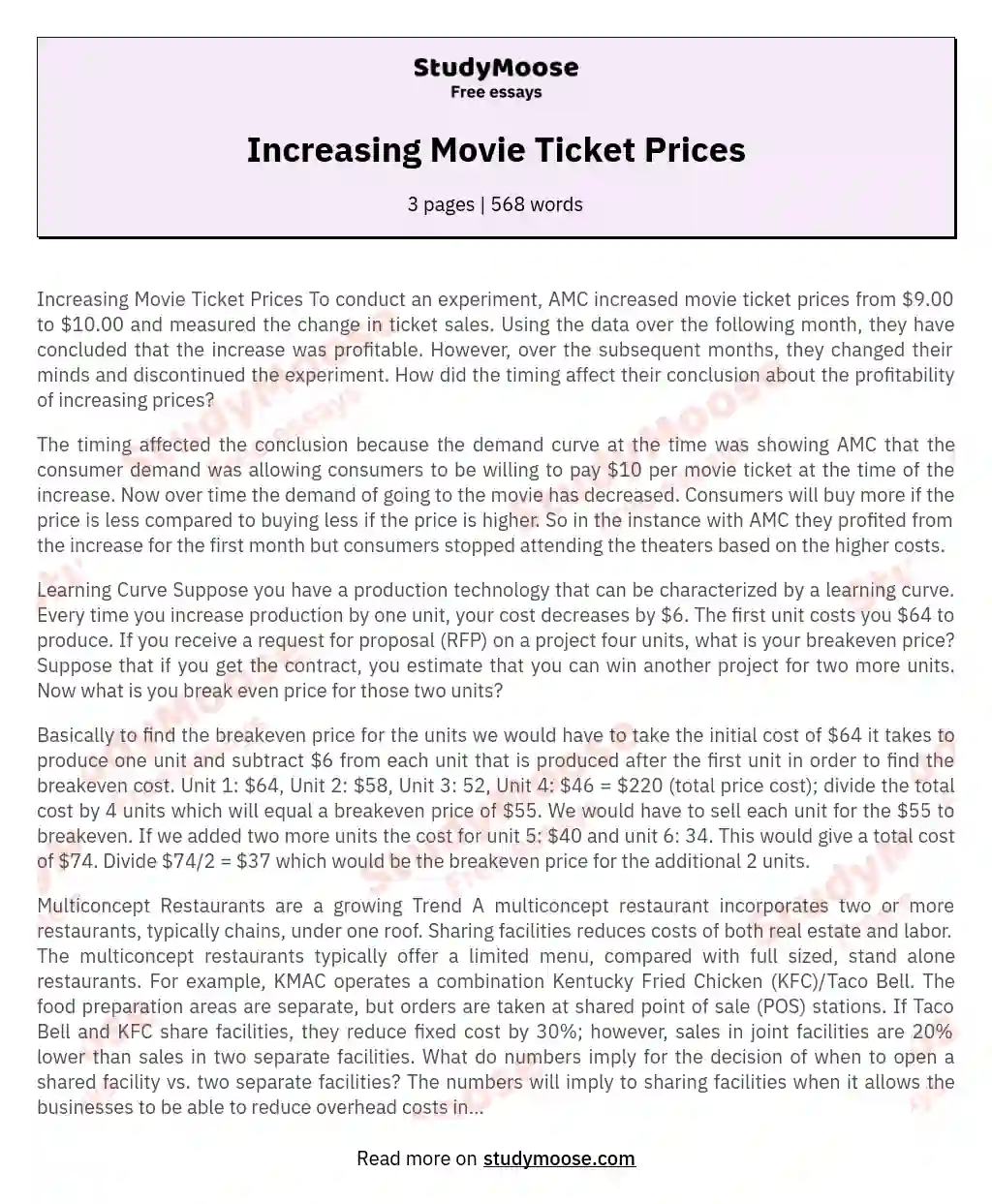Increasing Movie Ticket Prices essay