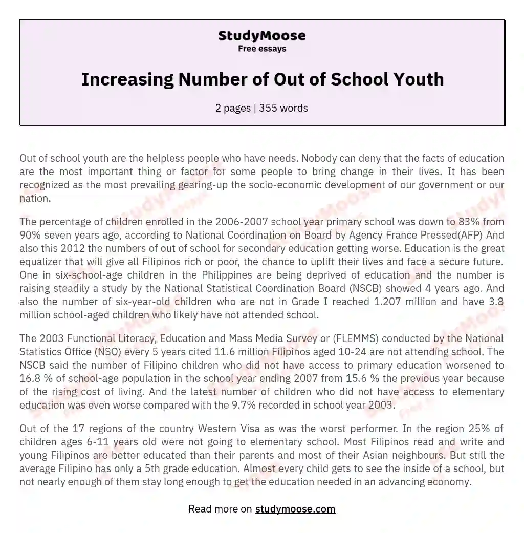Increasing Number of Out of School Youth essay