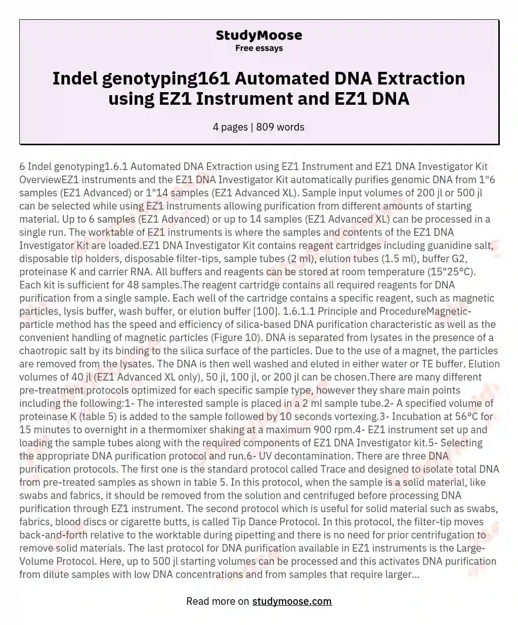 Indel genotyping161 Automated DNA Extraction using EZ1 Instrument and EZ1 DNA essay