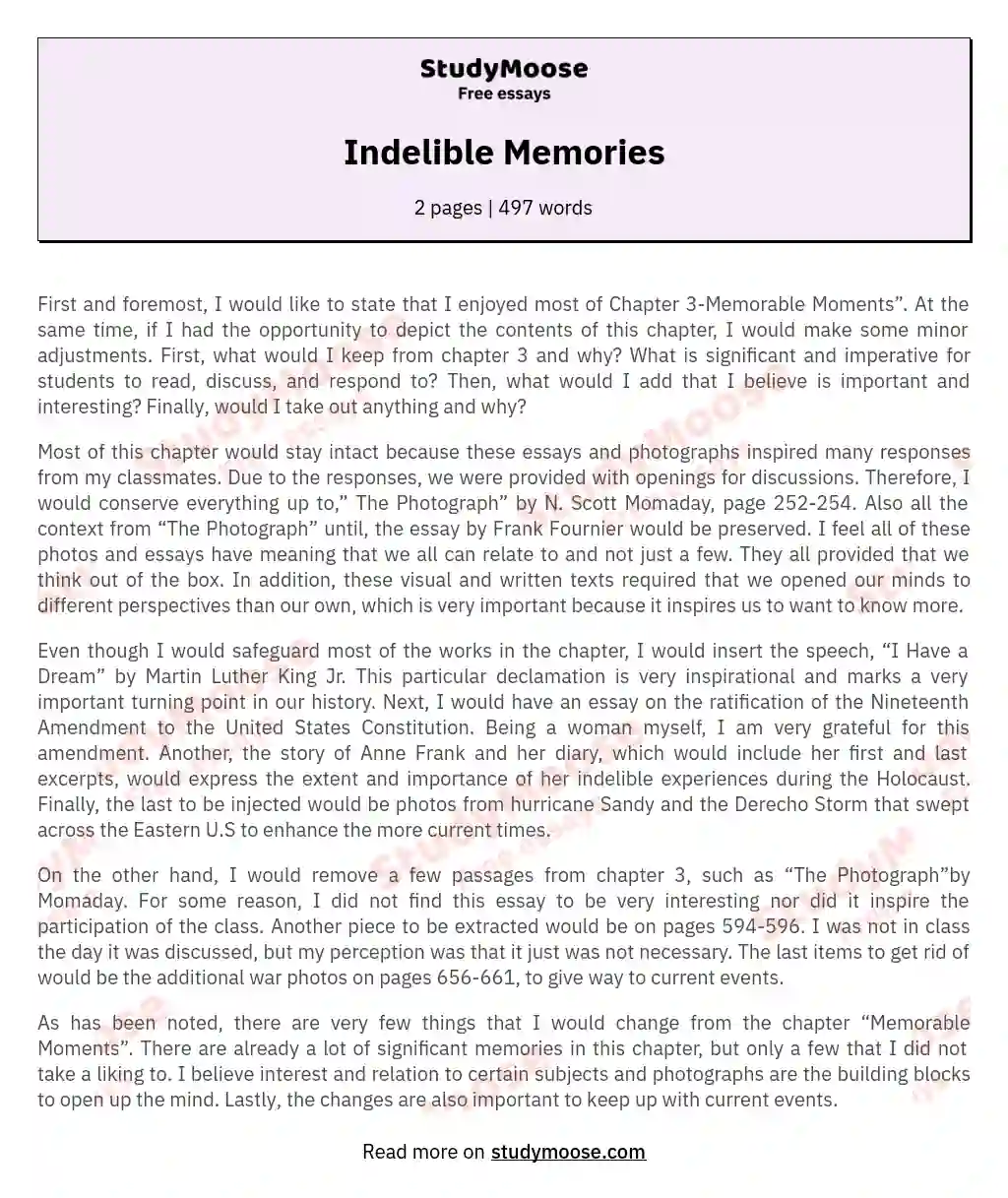 Indelible Memories essay