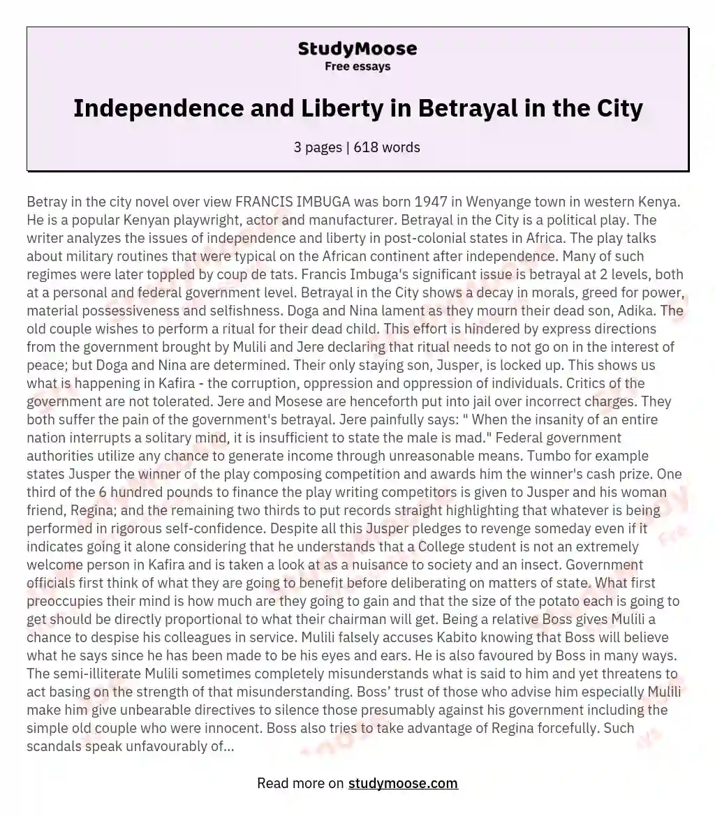 Independence and Liberty in Betrayal in the City