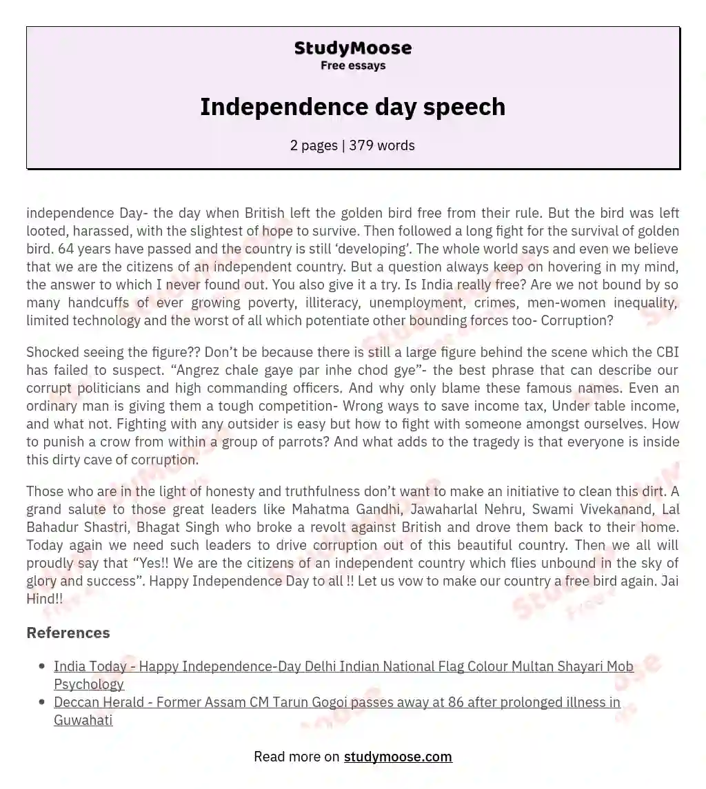 Independence day speech essay