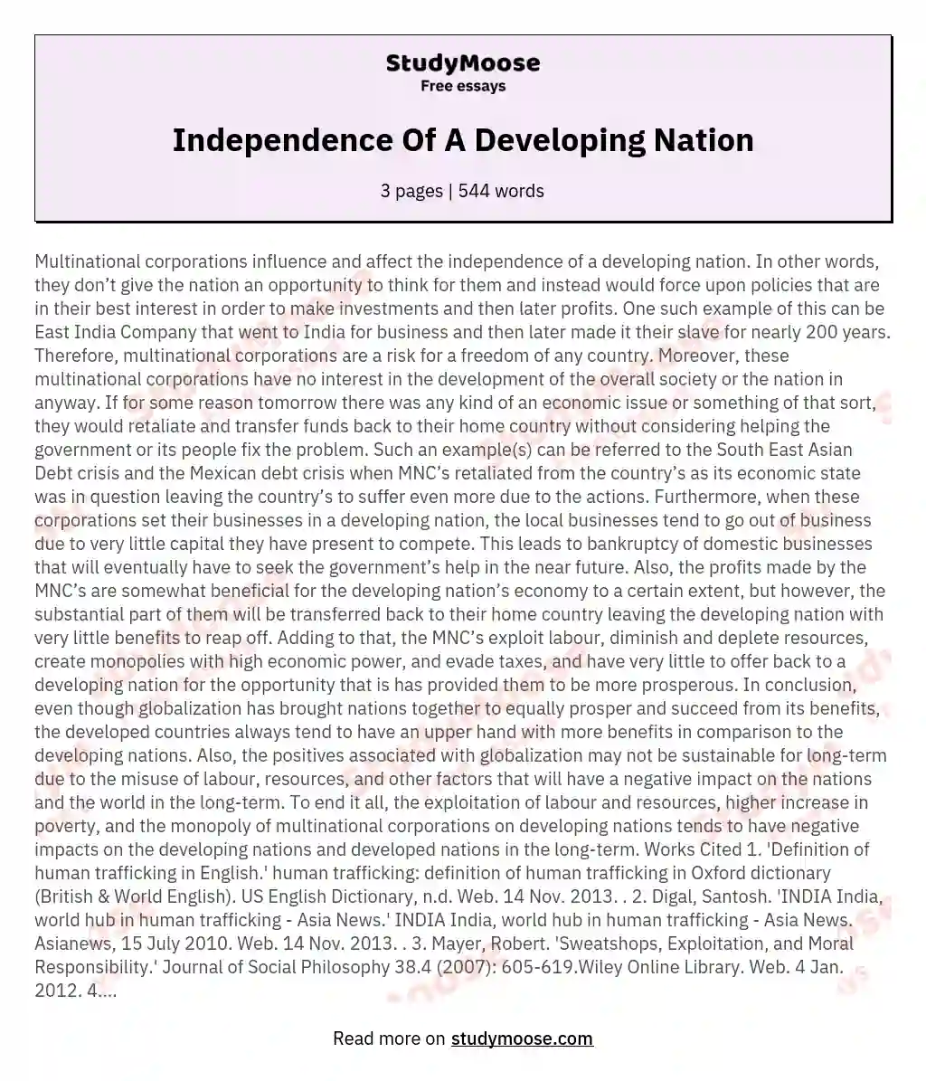 Independence Of A Developing Nation essay