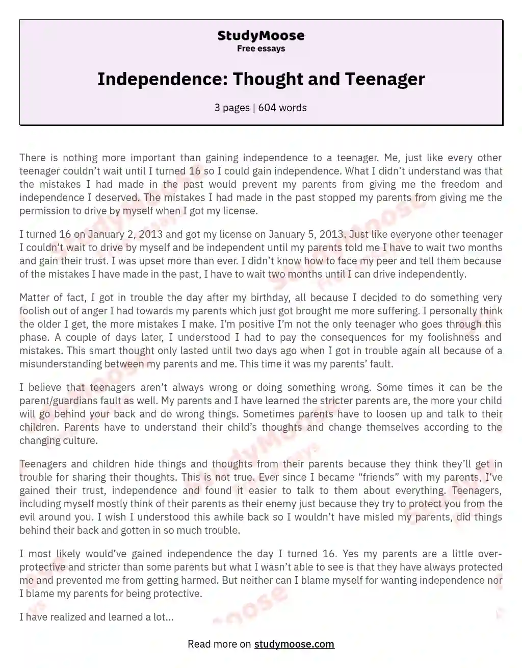Independence: Thought and Teenager essay