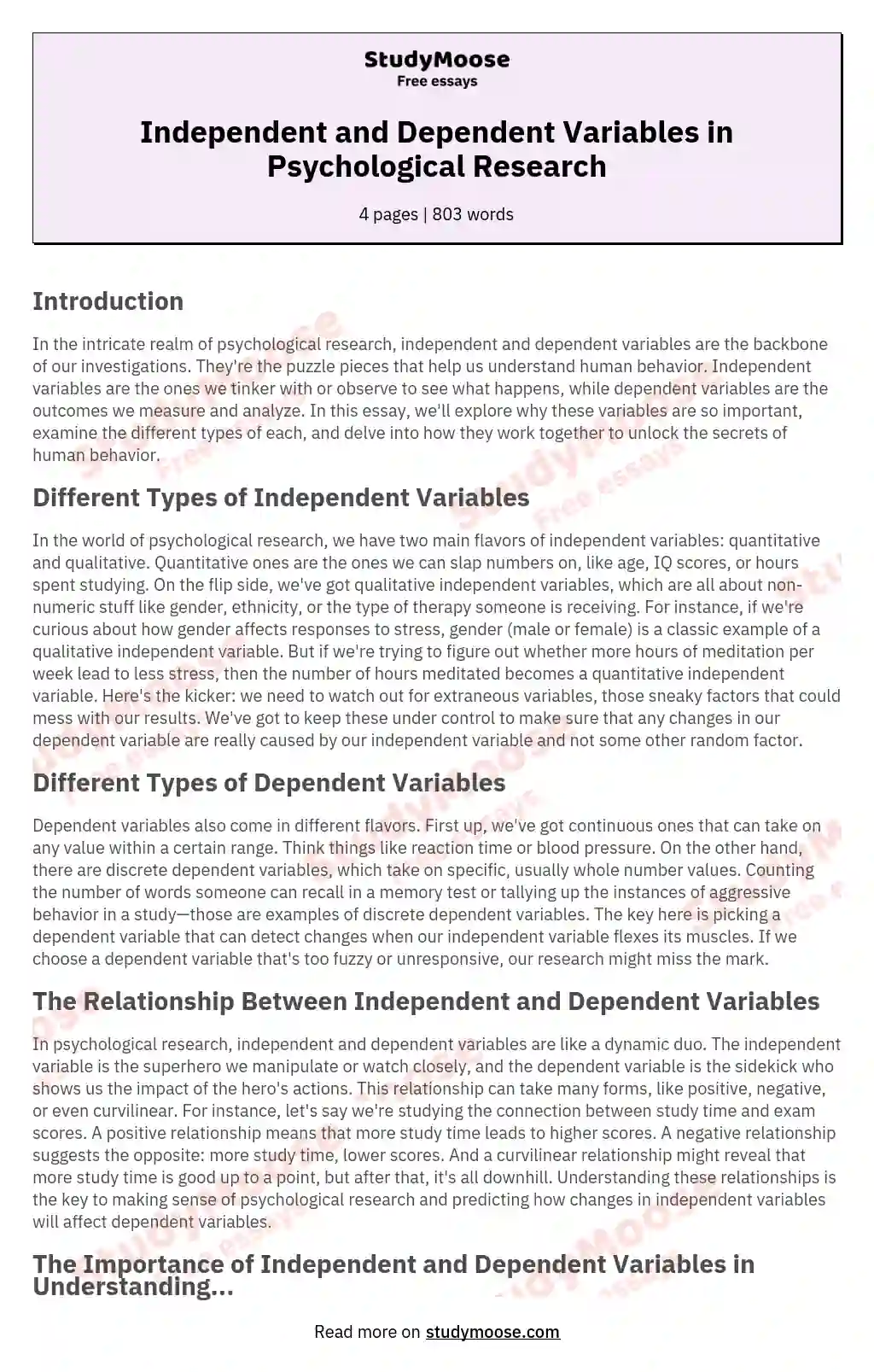 Independent and Dependent Variables in Psychological Research essay