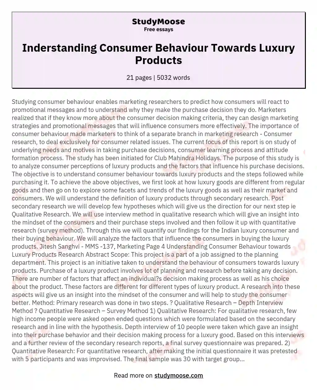 Inderstanding Consumer Behaviour Towards Luxury Products essay