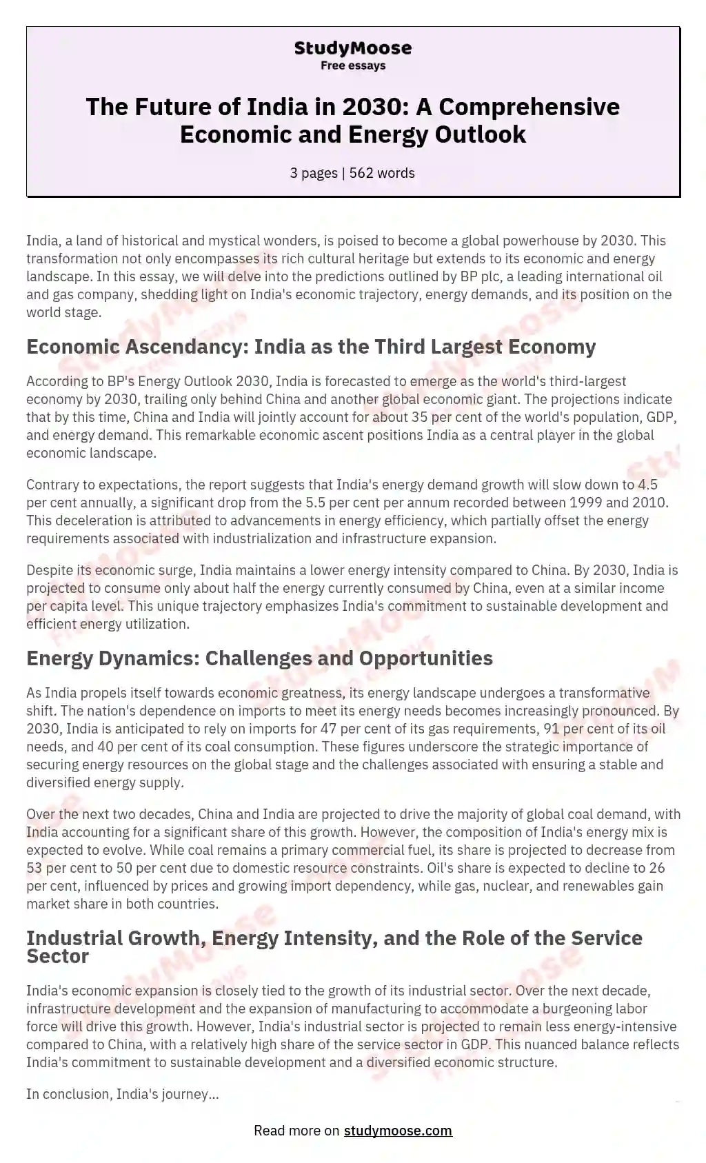 The Future of India in 2030: A Comprehensive Economic and Energy Outlook essay