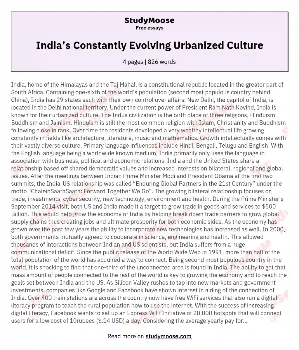 India’s Constantly Evolving Urbanized Culture essay