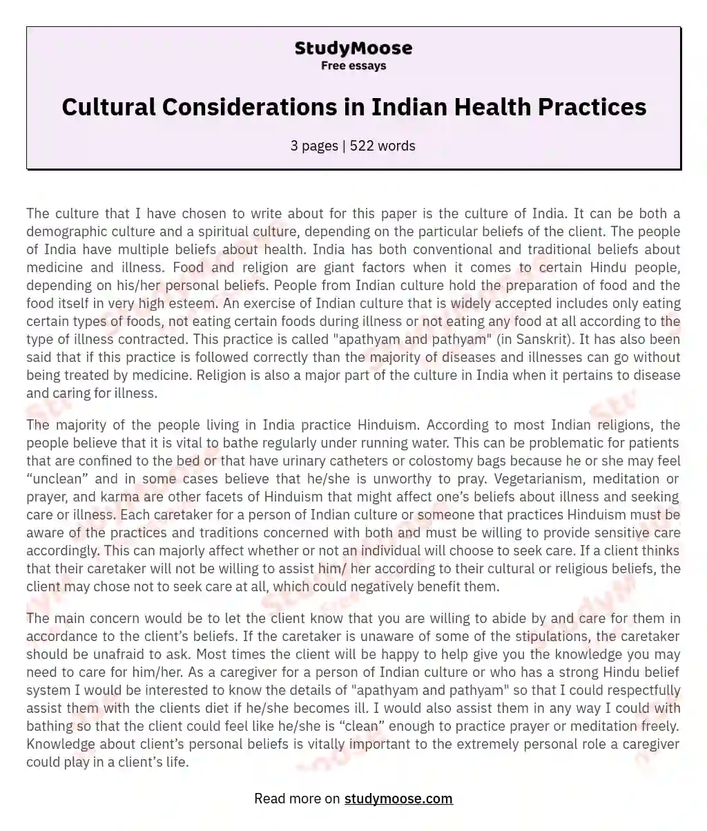 Cultural Considerations in Indian Health Practices essay