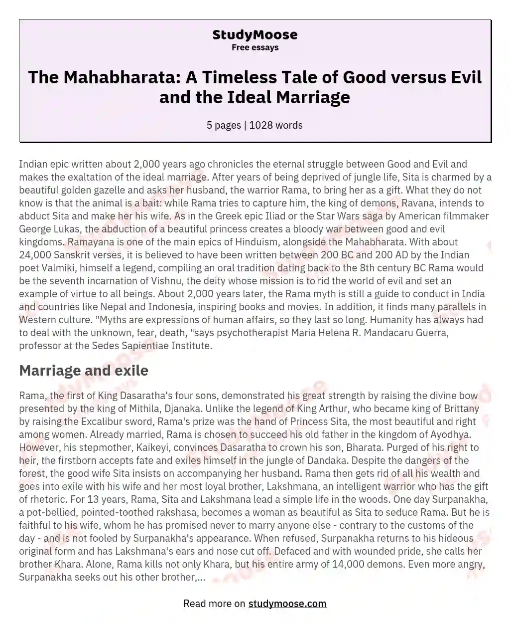 The Mahabharata: A Timeless Tale of Good versus Evil and the Ideal Marriage essay