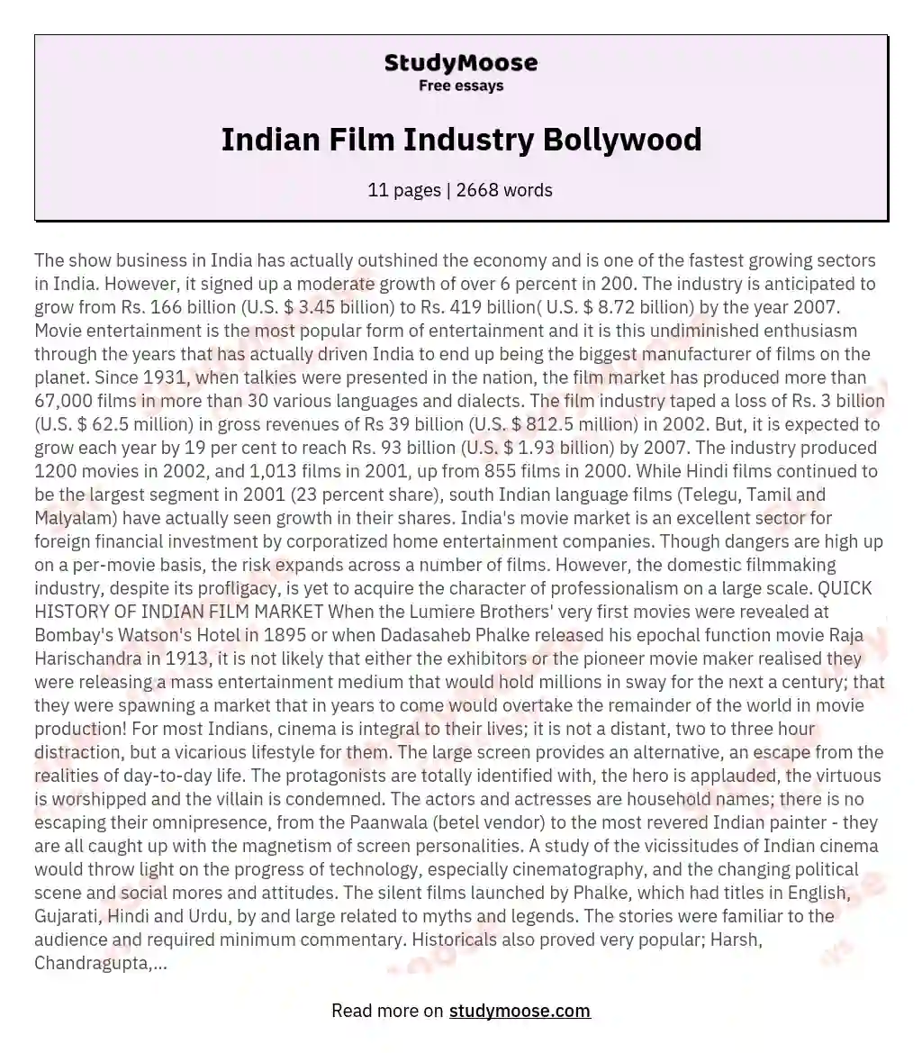 Indian Film Industry Bollywood essay
