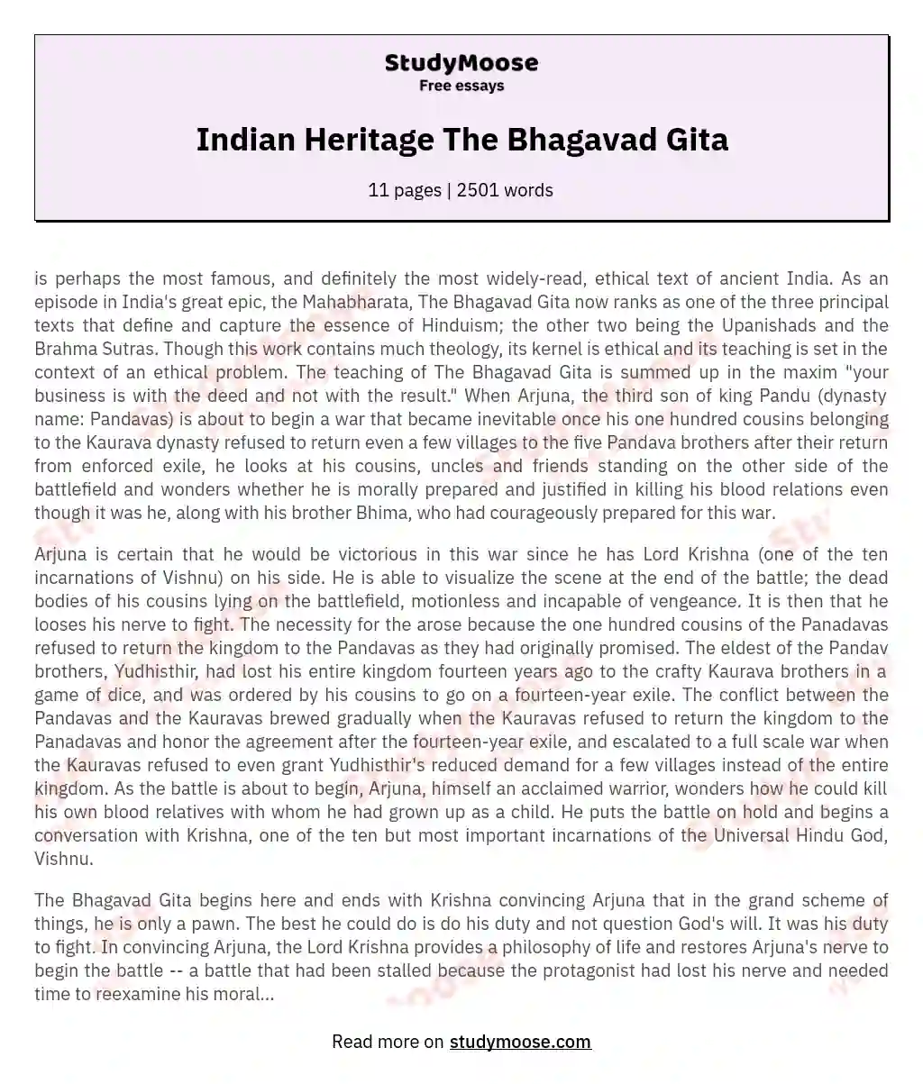 Indian Heritage The Bhagavad Gita essay