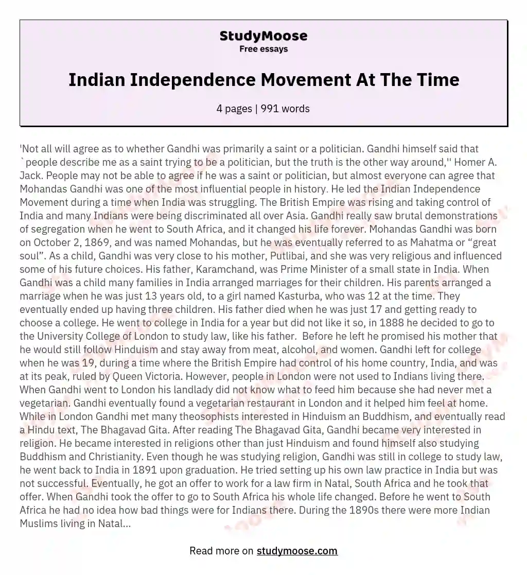 Indian Independence Movement At The Time essay