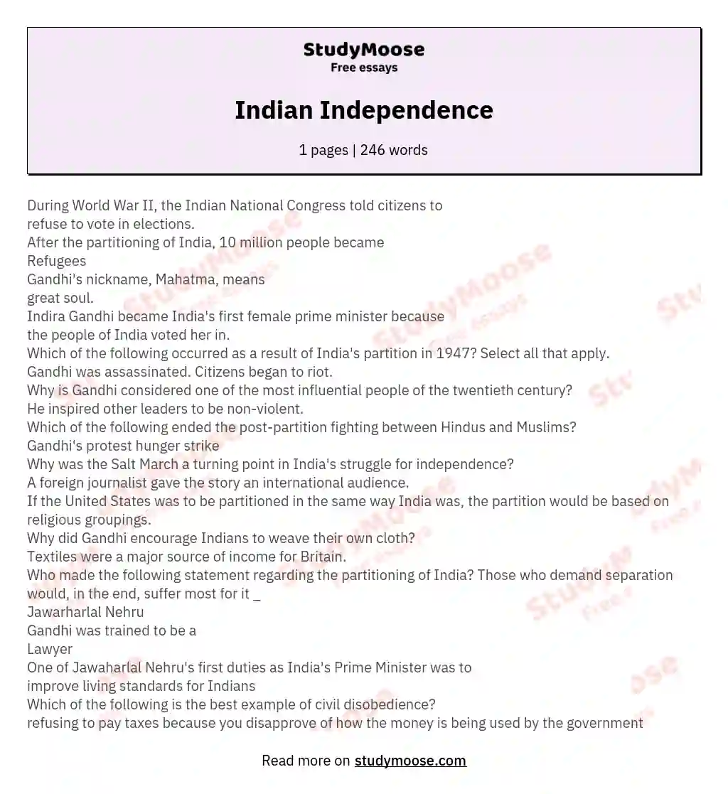 Indian Independence essay