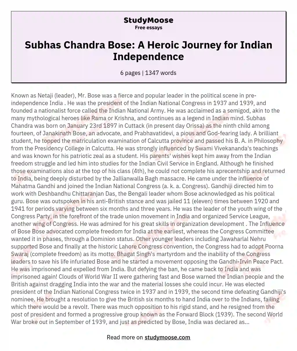 Subhas Chandra Bose: A Heroic Journey for Indian Independence essay