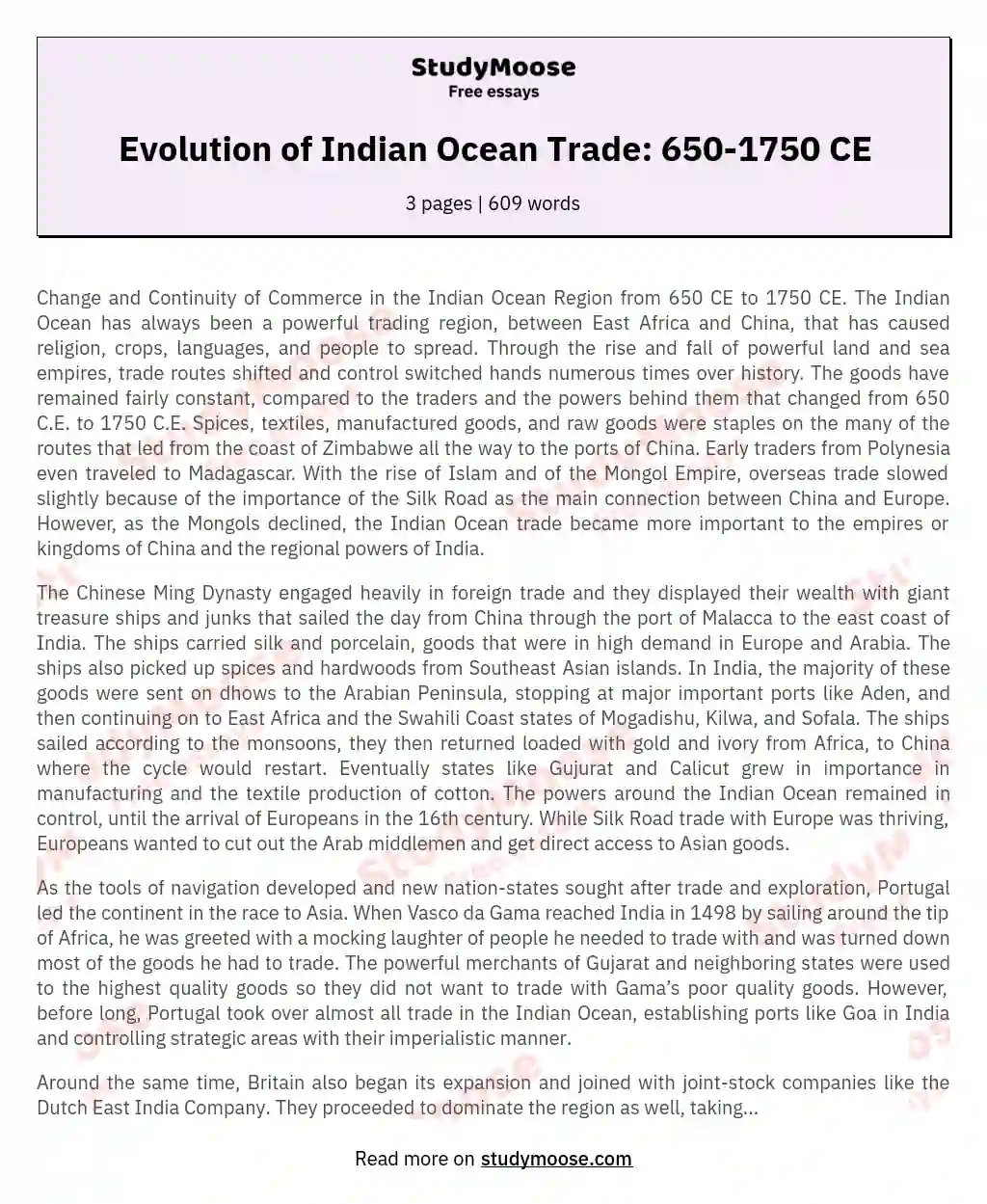 Evolution of Indian Ocean Trade: 650-1750 CE essay
