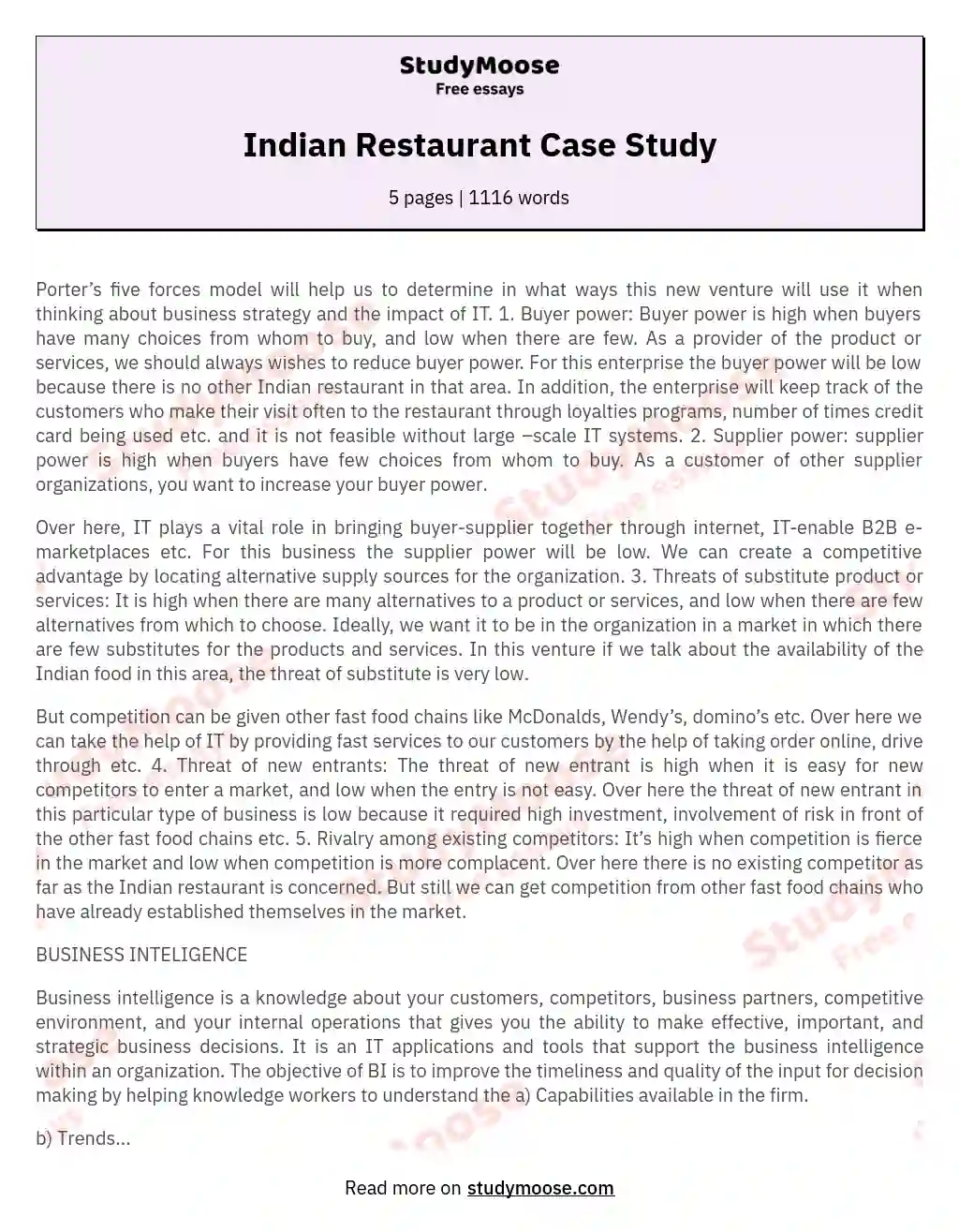 Indian Restaurant Case Study essay