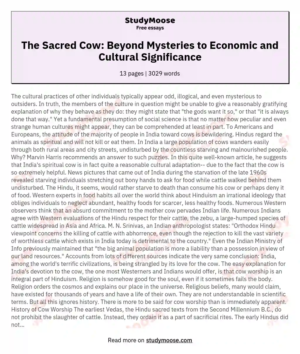 The Sacred Cow: Beyond Mysteries to Economic and Cultural Significance essay