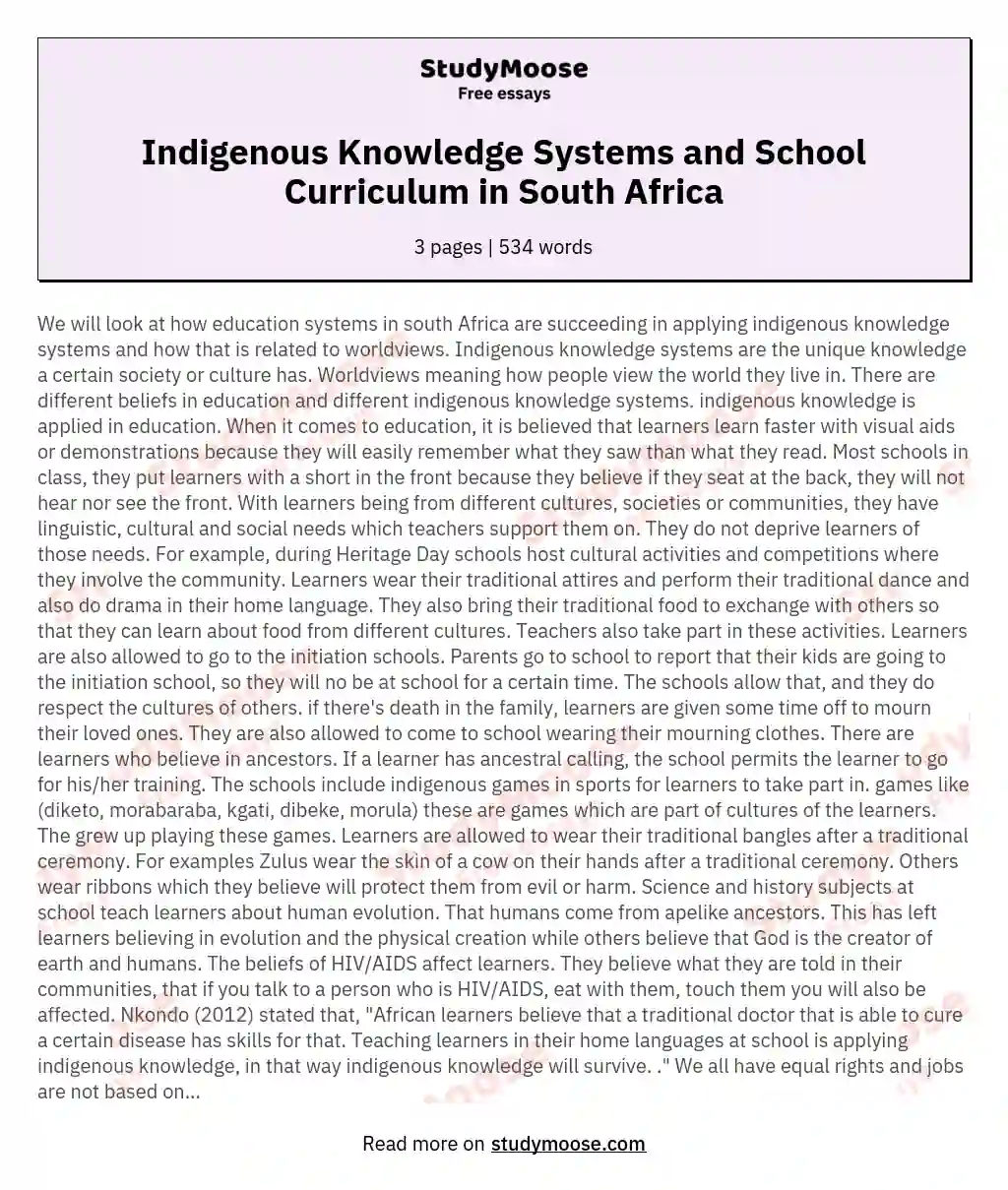 Indigenous Knowledge Systems and School Curriculum in South Africa