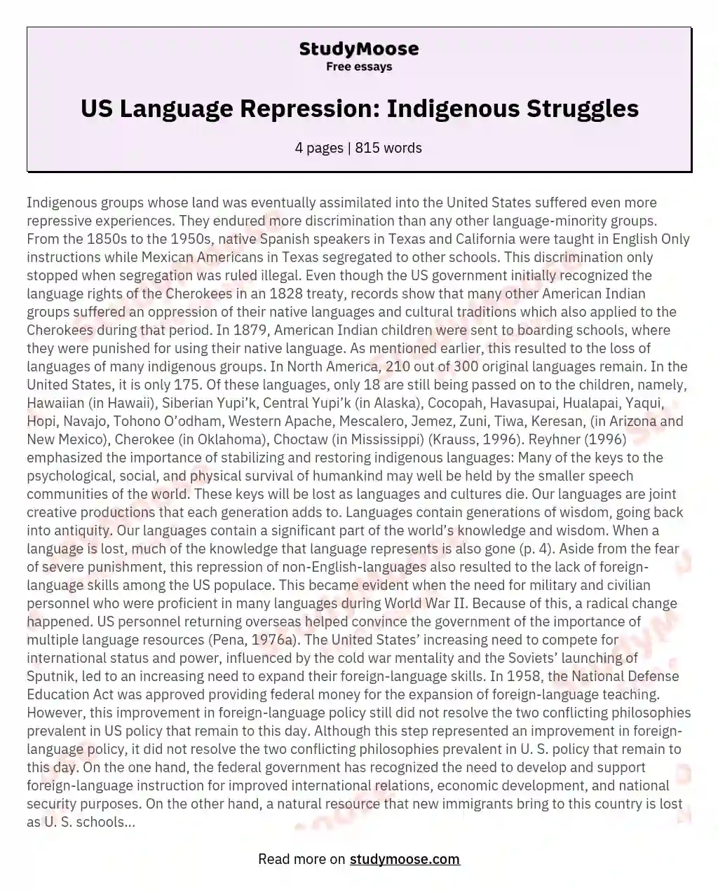 US Language Repression: Indigenous Struggles essay