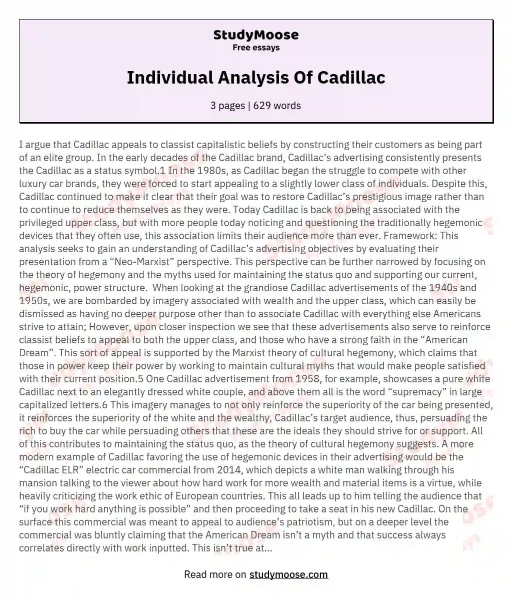 Individual Analysis Of Cadillac essay