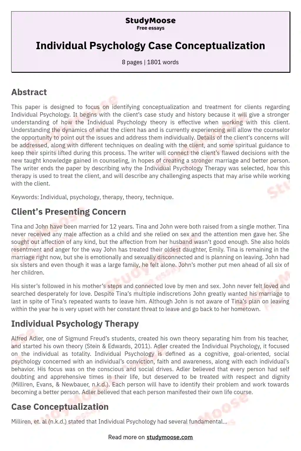 Individual Psychology Case Conceptualization essay