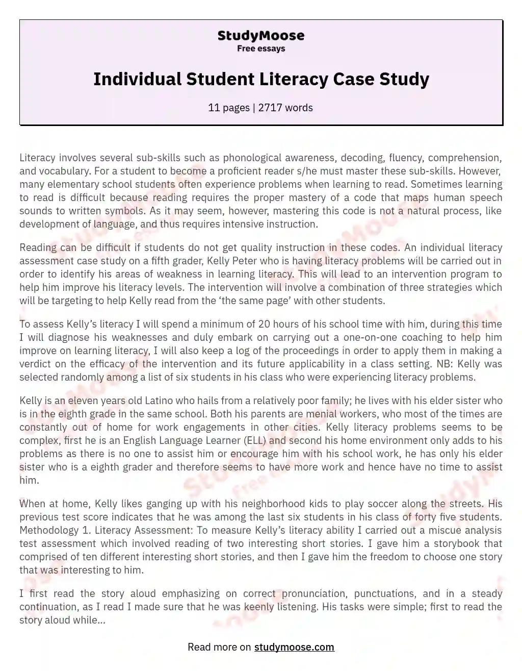 Individual Student Literacy Case Study essay