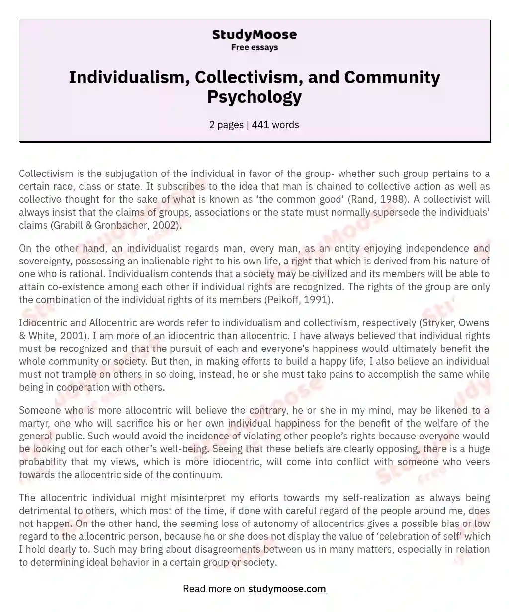 Individualism, Collectivism, and Community Psychology essay