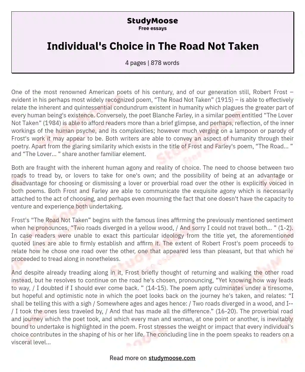 Individual's Choice in The Road Not Taken essay