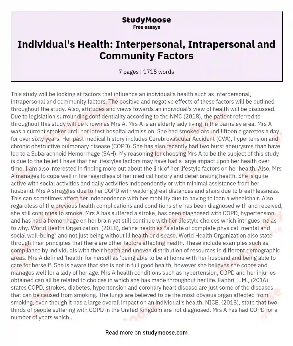 Individual's Health: Interpersonal, Intrapersonal and Community Factors essay