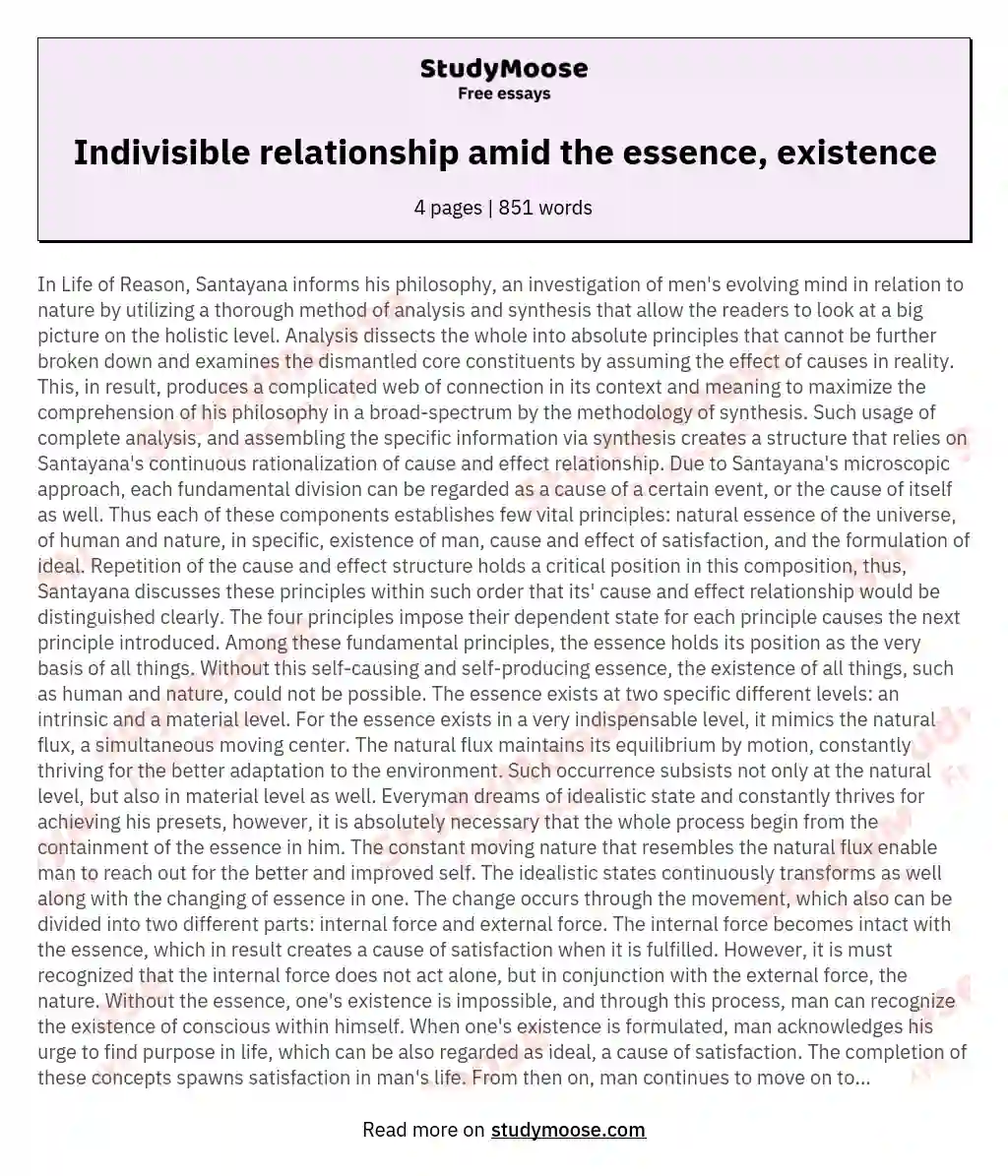 Indivisible relationship amid the essence, existence