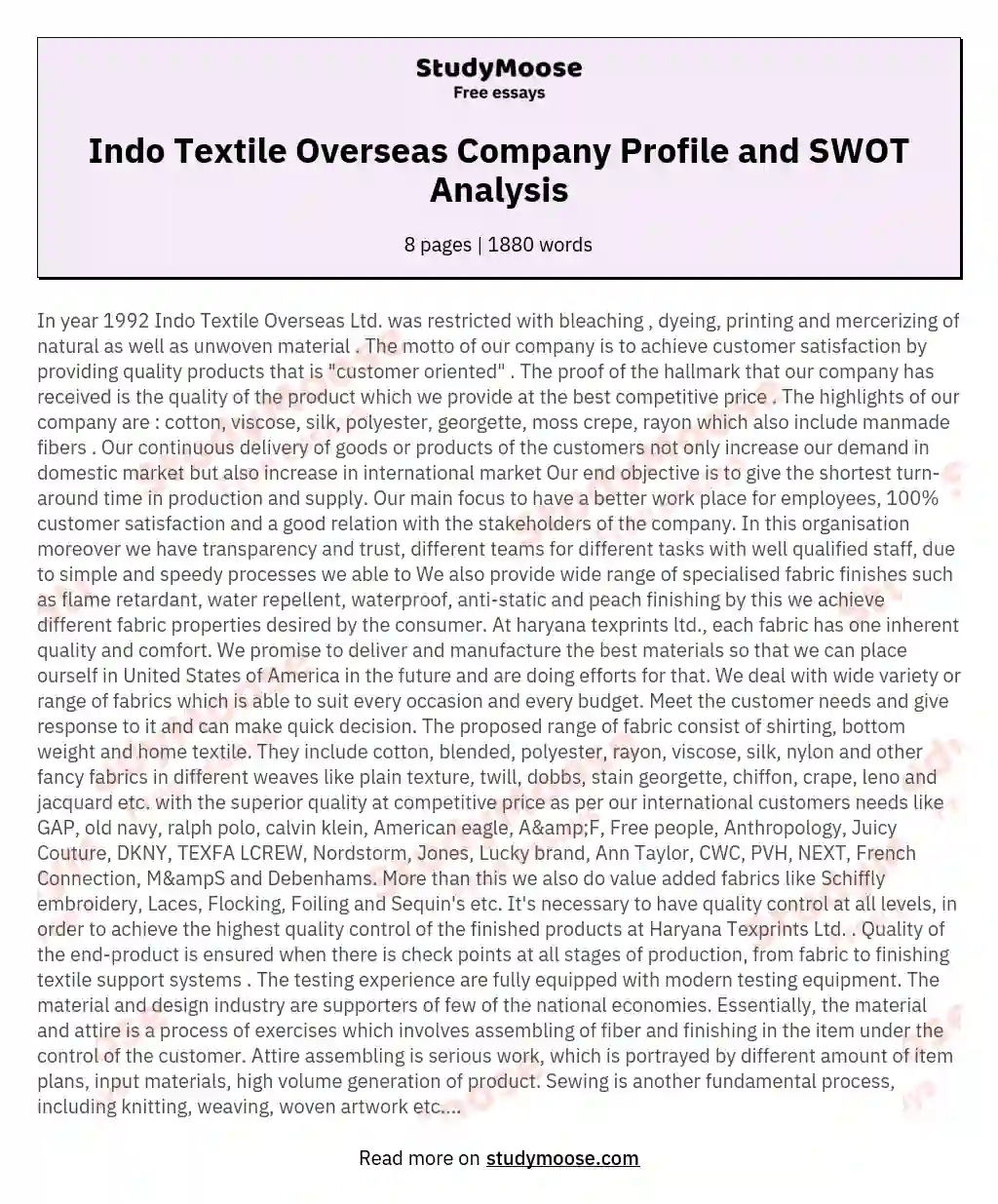 Indo Textile Overseas Company Profile and SWOT Analysis