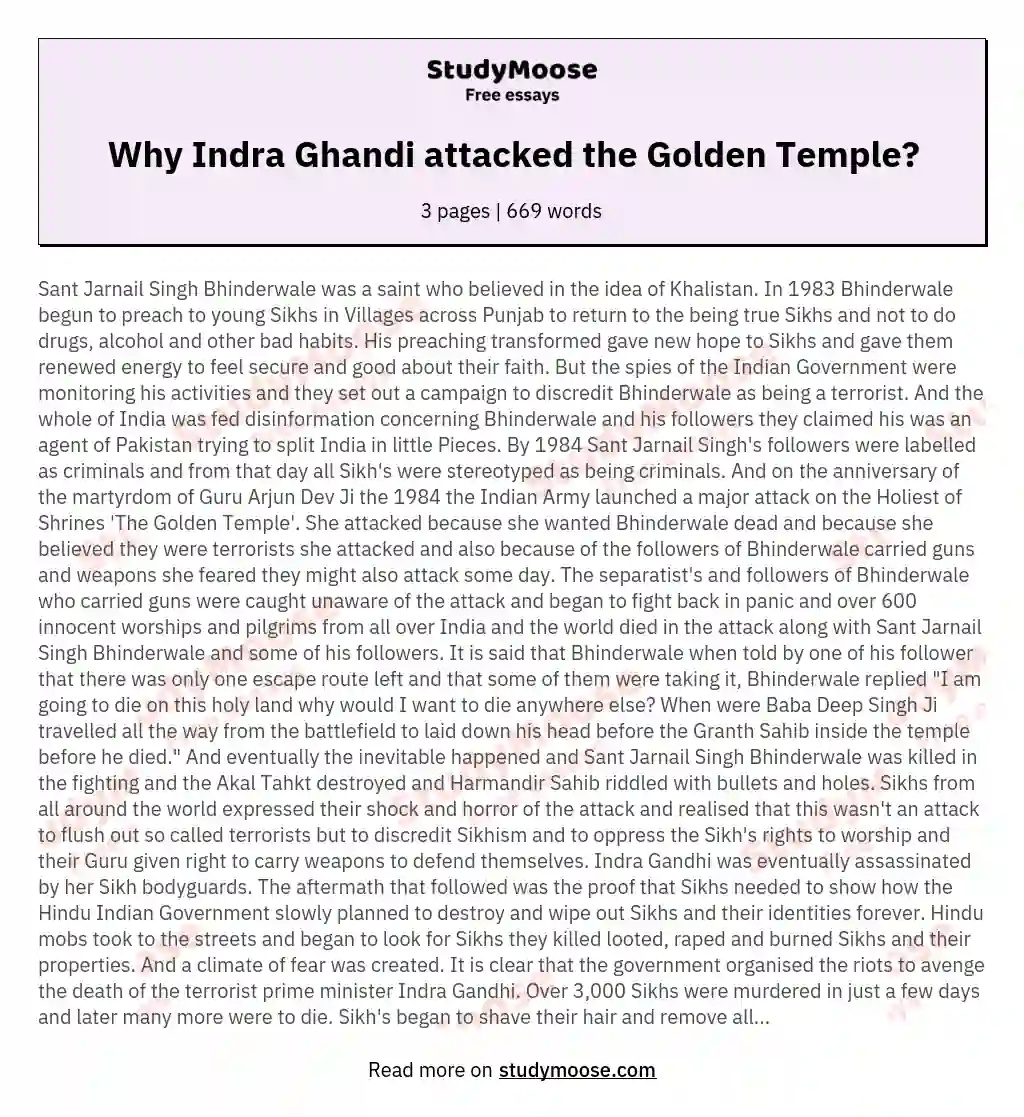 Why Indra Ghandi attacked the Golden Temple? essay
