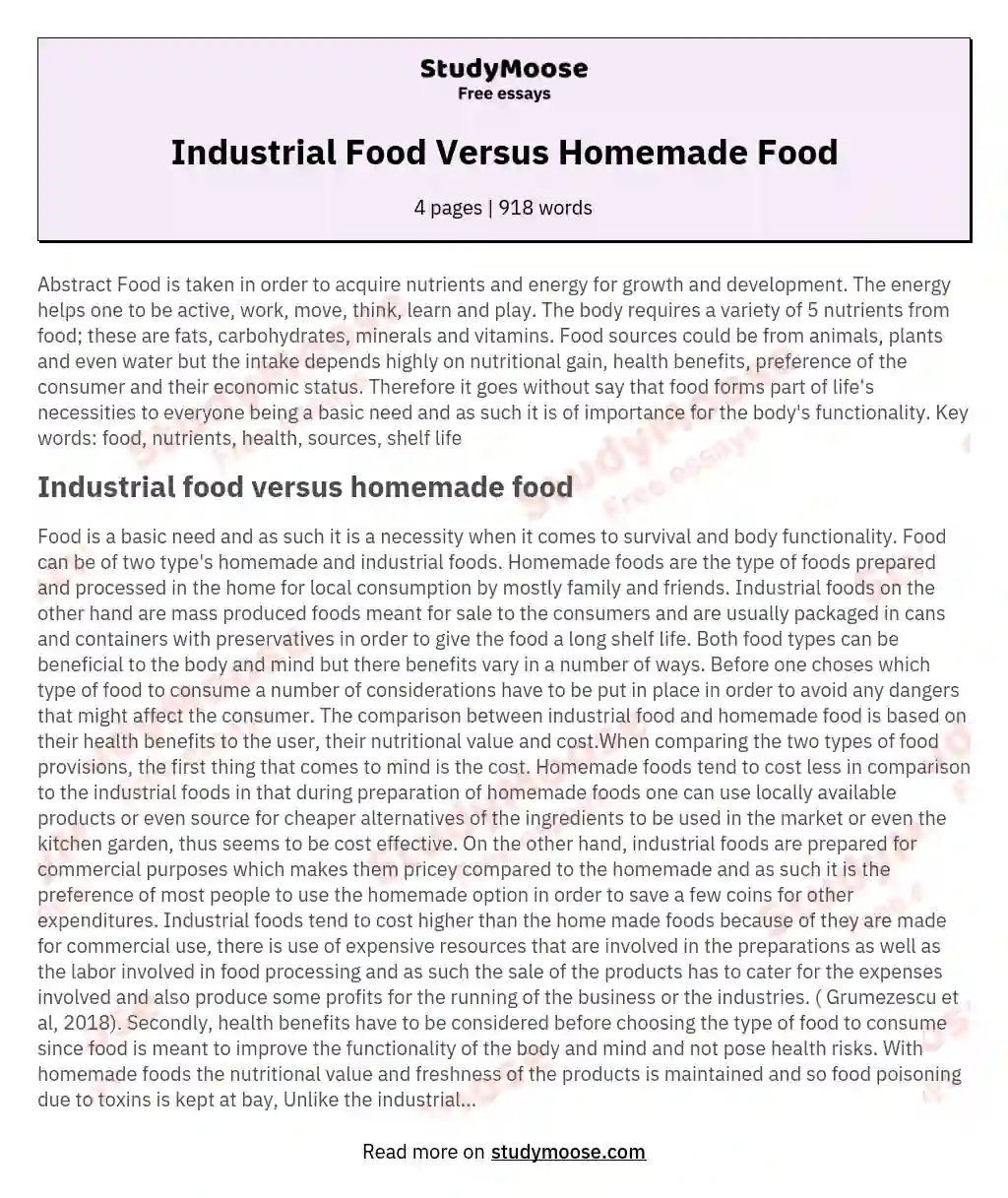 Industrial Food Versus Homemade Food essay