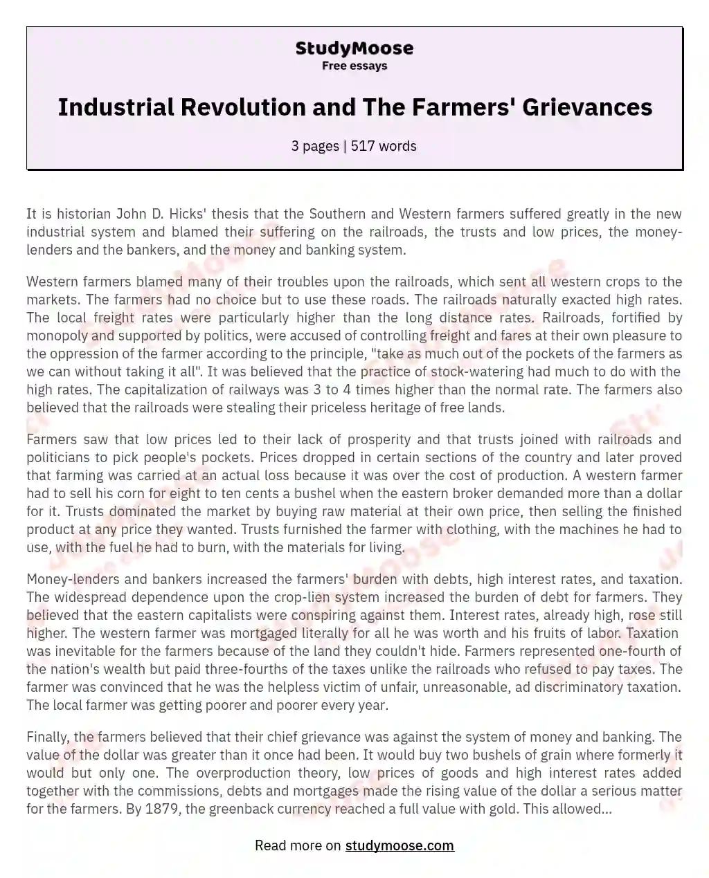 Industrial Revolution and The Farmers' Grievances essay