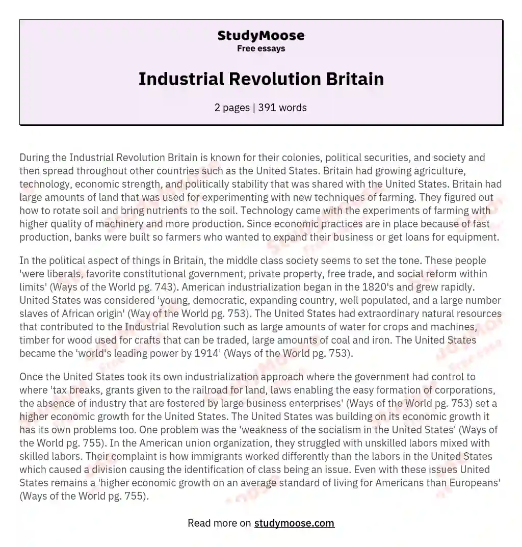 Industrial Revolution Britain essay