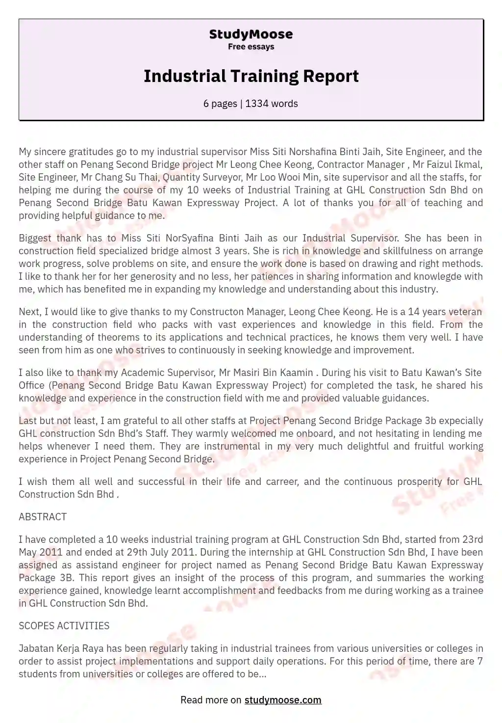 Industrial Training Report Free Essay Example