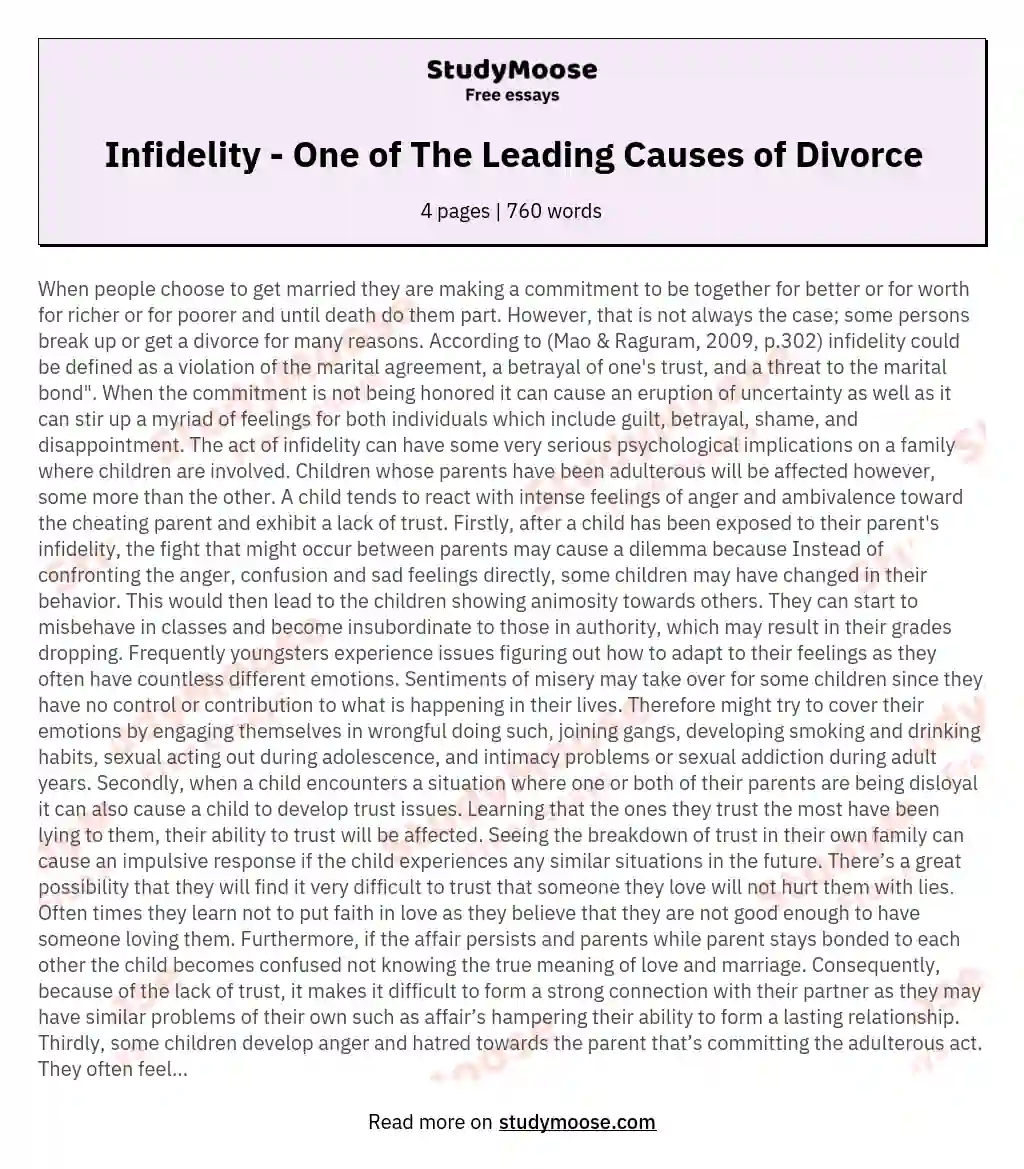 Infidelity - One of The Leading Causes of Divorce essay