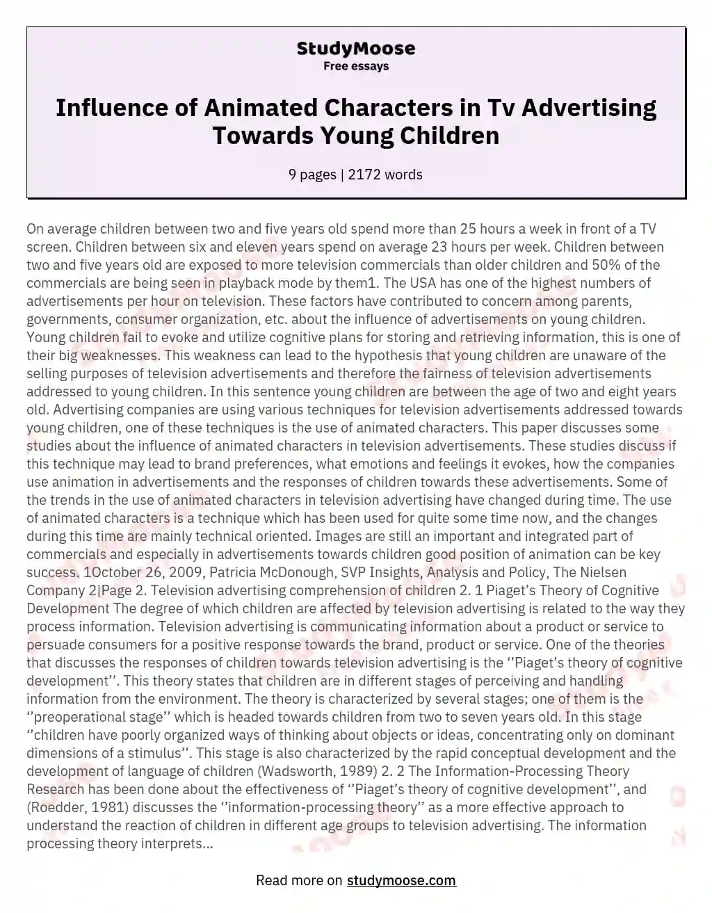 Influence of Animated Characters in Tv Advertising Towards Young Children  Free Essay Example