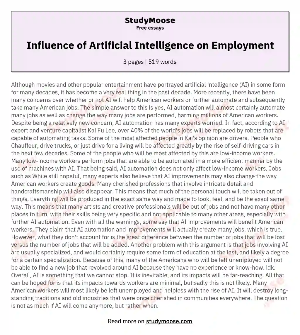 Influence of Artificial Intelligence on Employment essay